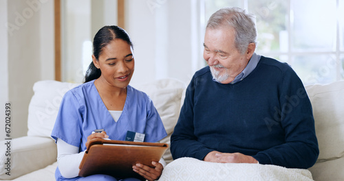 Nurse, elderly happy man and woman writing questionnaire answers, client feedback or nursing home patient assessment. Consultation service, retirement and caregiver test, exam or medical survey notes