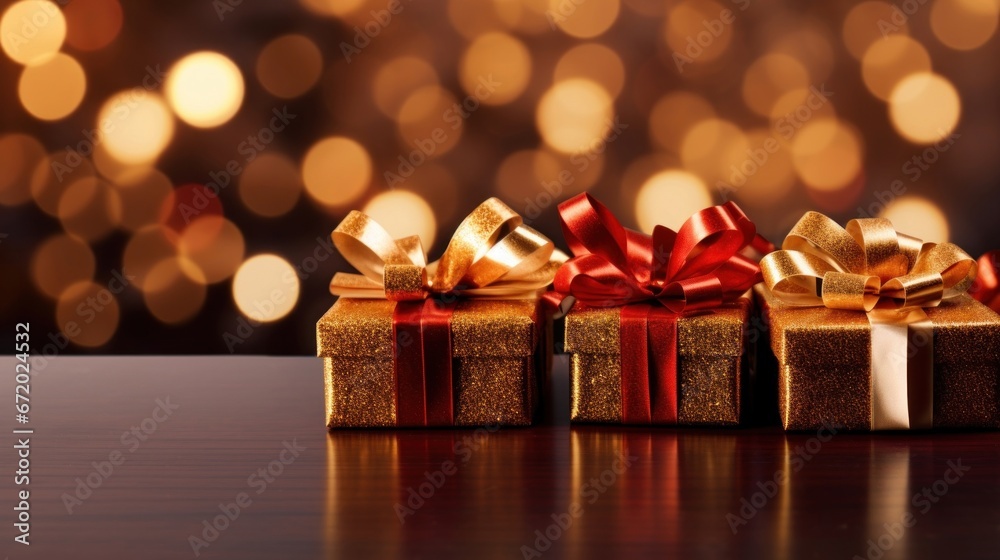Golden gift presents on a light dark red background with colorful bokeh and stars glittering Golden gift presents on a light dark red background with colorful bokeh and stars glittering