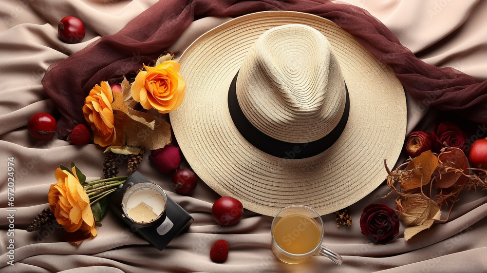 still life with hat and flowers HD 8K wallpaper Stock Photographic Image 