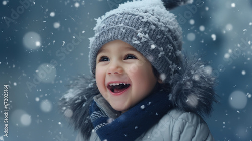 A joyful kid in a warm hat, playfully catching snowflakes on his tongue on a snowy day