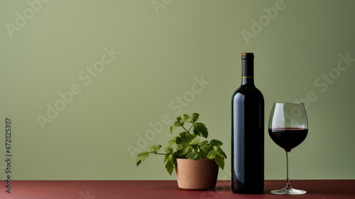 Red wine bottle with a glass on a simple pale green empty background photo