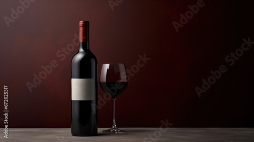 Red wine bottle with a glass on a simple empty background