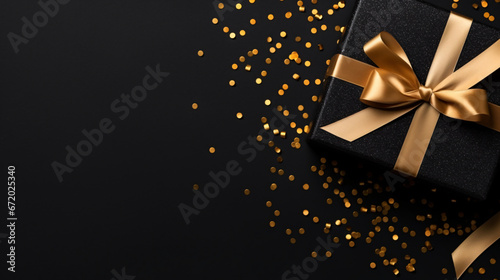 Top View Gift Box with Black Ribbon and Golden Confetti.