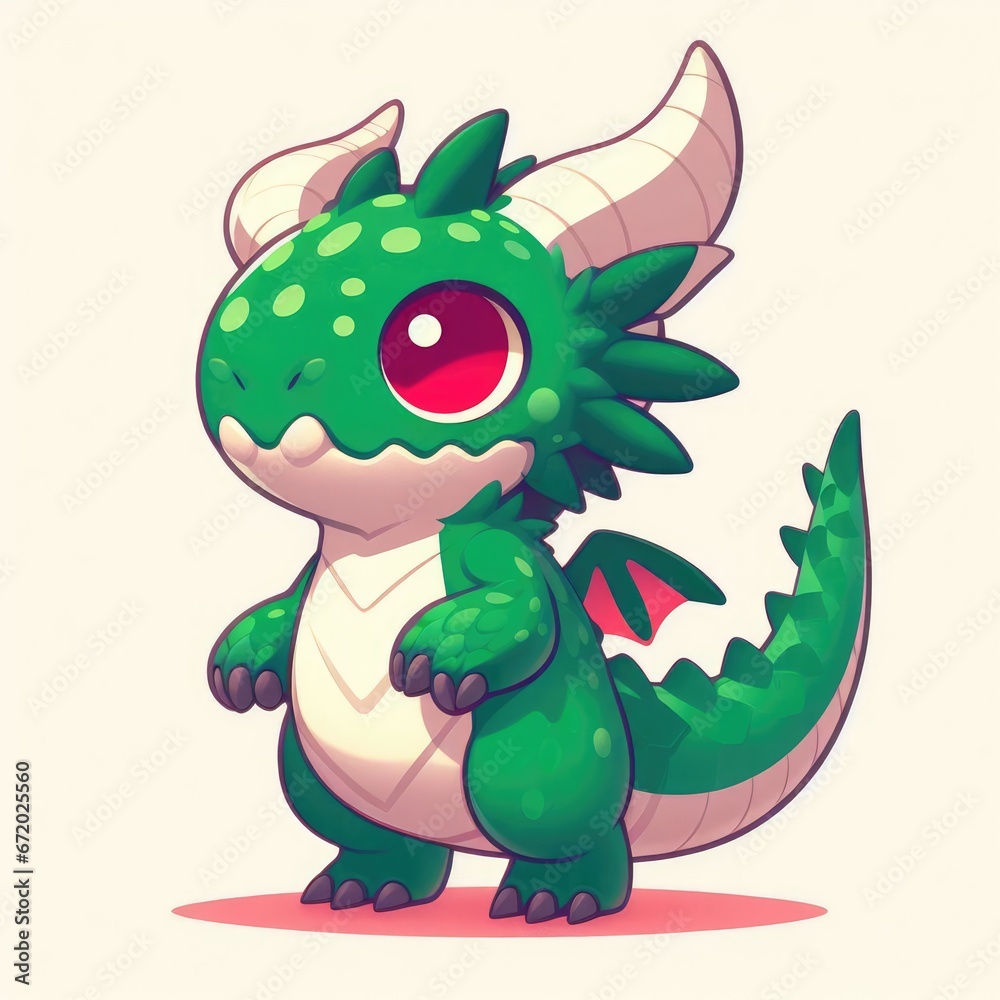 Fototapeta premium A green dragon-like creature with a white belly, two large red eyes and two horns on its head, standing on its hind legs with its front legs slightly lifted