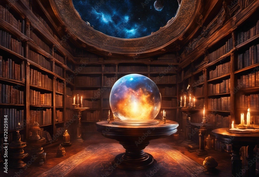 a library with a huge magic ball in the center illuminated by candles a library with a huge magic ball in the center illuminated by candles