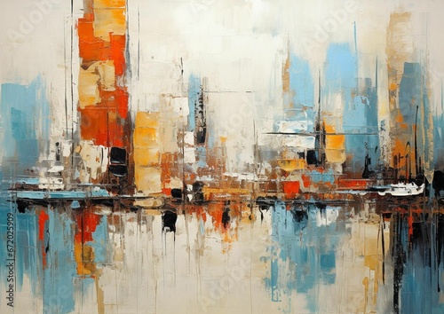 the painting shows abstract cityscape with different colors and shapes