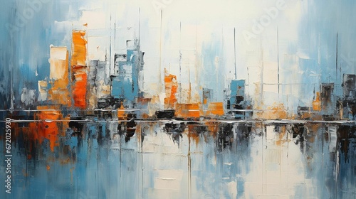 a painting of buildings in water with oranges and blue