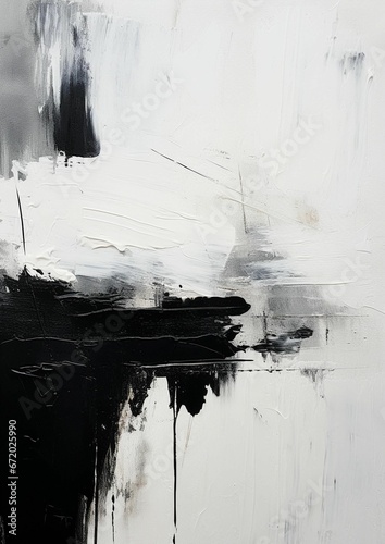 Abstract painting featuring a monochromatic black and white palette
