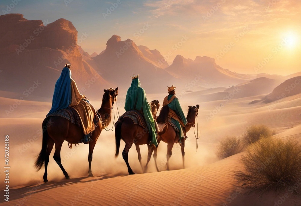 Fototapeta premium a group of people riding camels in the desert at sunset