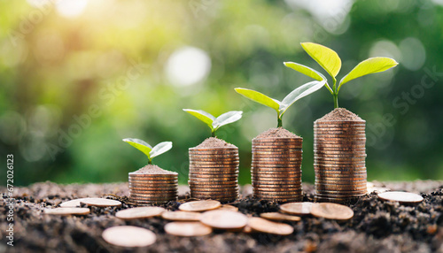 money coins sprouting as plants, piggy bank, and clock representing financial growth, savings, inflation, and long-term investment opportunities. Financial investment and prosperity with interest photo