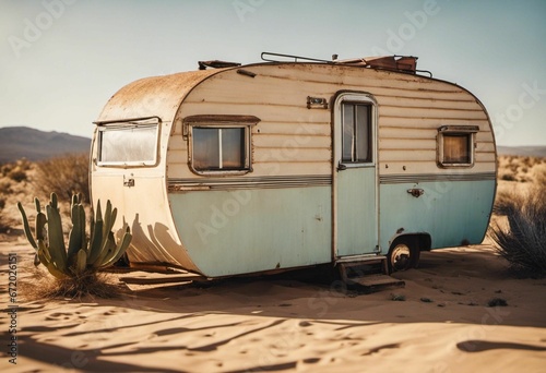 AI generated illustration of a vintage camper trailer parked in a scenic desert location