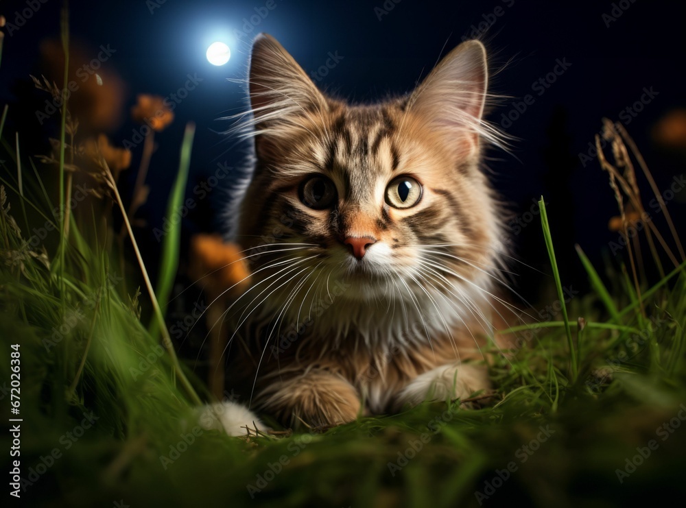 AI generated illustration of a long-haired tabby kitten perched in a grassy meadow