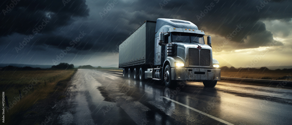 Truck on Wet Road in Heavy Rain Under Cloudy Sky.