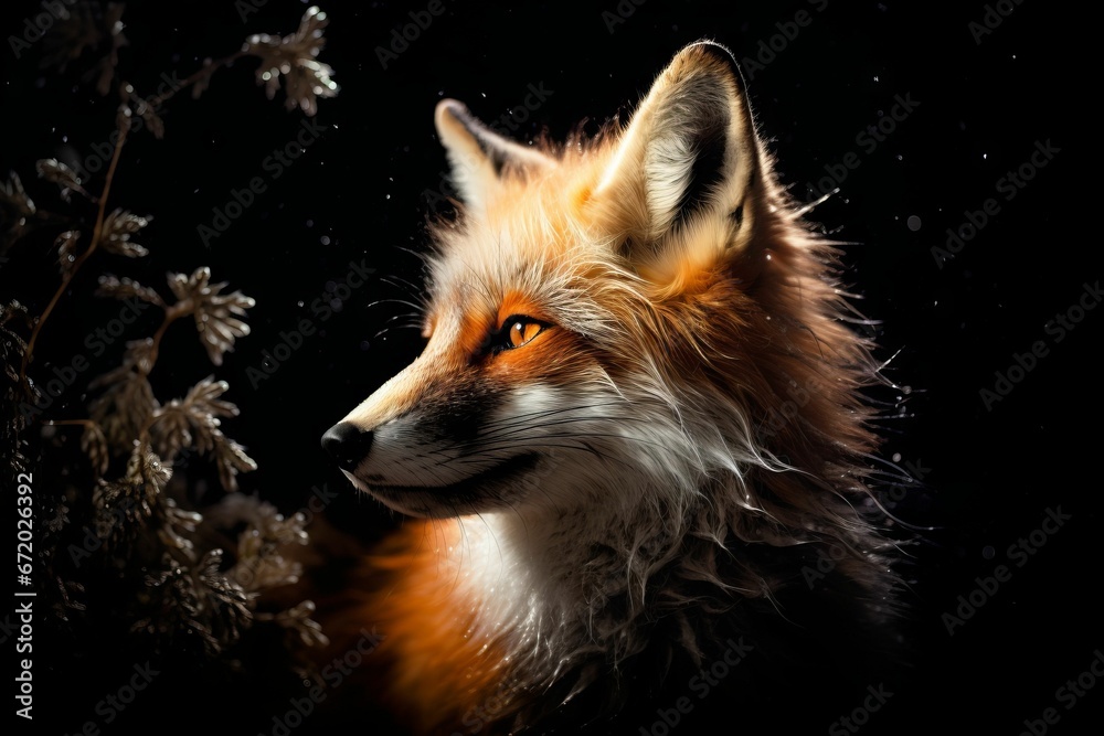 Fototapeta premium AI generated illustration of a red fox with thick fur looking intently at something in the distance