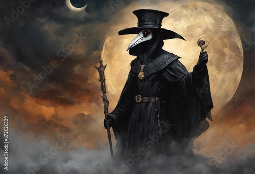 AI generated illustration of a plague doctor in a long-beaked mask against a mysterious night sky