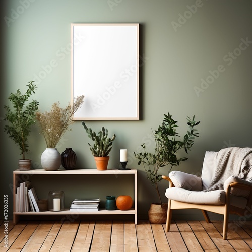 AI generated illustration of a room with a comfortable armchair, a bookshelf, and decorative plants © Wirestock