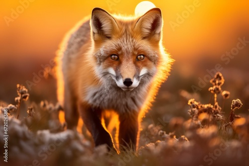 AI generated illustration of a close-up of a fox in a lush green grassy field