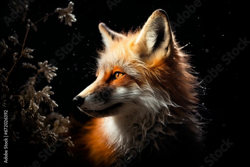 AI generated illustration of a red fox with thick fur looking intently at something in the distance © Wirestock