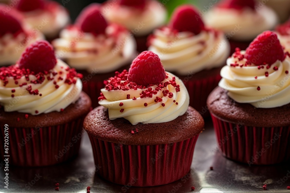 AI generated illustration of creamy cupcakes with red velvet flavor and raspberry