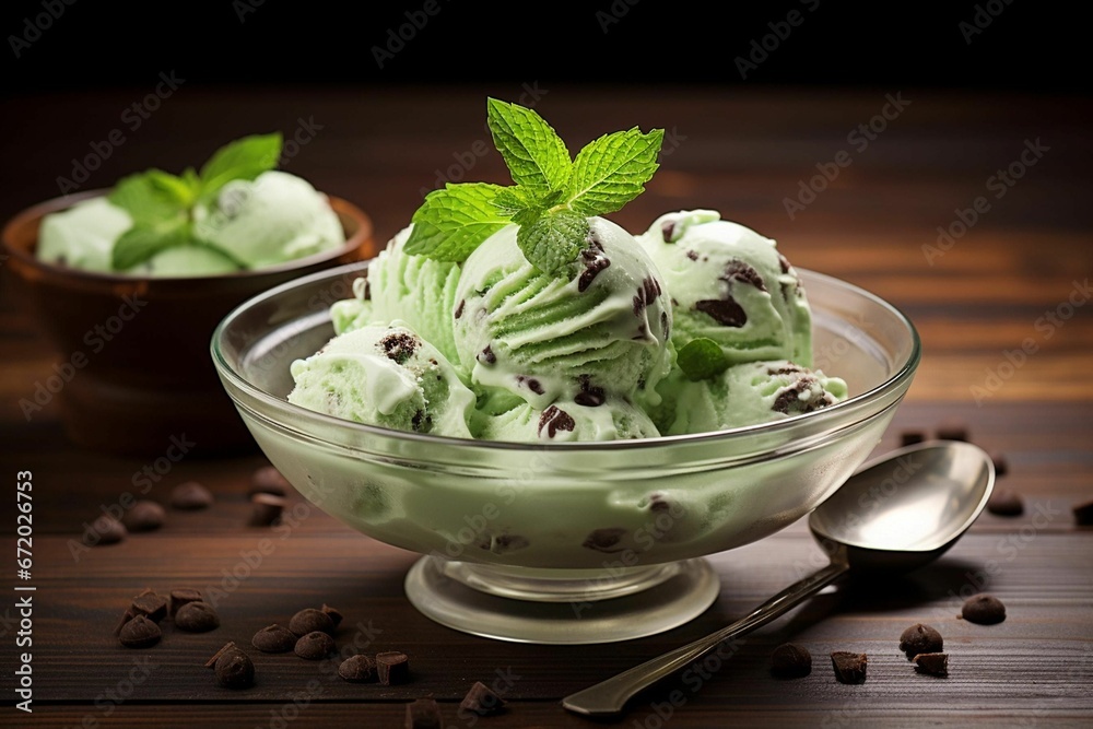 AI generated illustration of a bowl of mint-flavored ice cream with chocolate chips AI generated illustration of a bowl of mint-flavored ice cream with chocolate chips