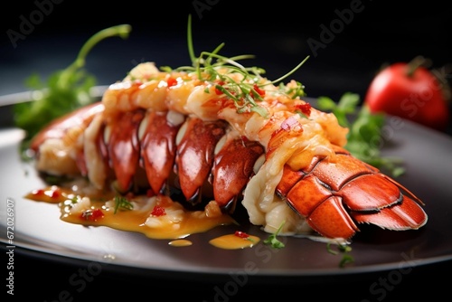 Lobster and an array of freshly picked vegetables presented on a white plate, AI-generated.