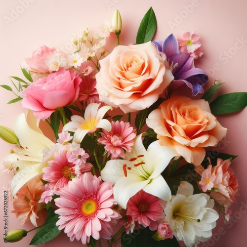 A group of colorful flowers on a pink background