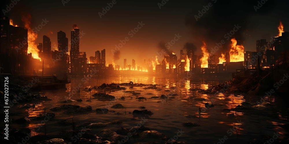 AI generated illustration of an orange and red colored fire blazing amidst tall city buildings