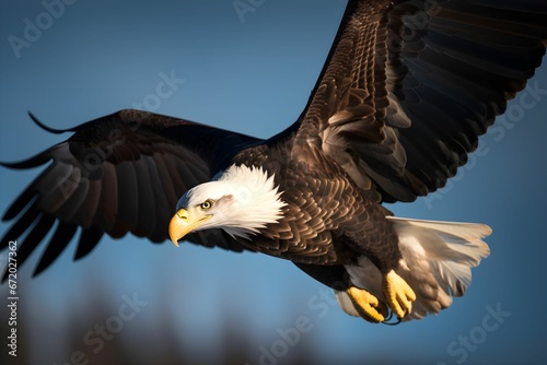 AI generated illustration of An eagle soaring against a cloudless sky, wings spread wide