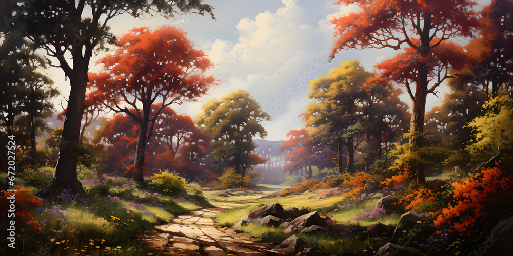 scenic painting of the woodland landscape, a picturesque forest environment in natural colours