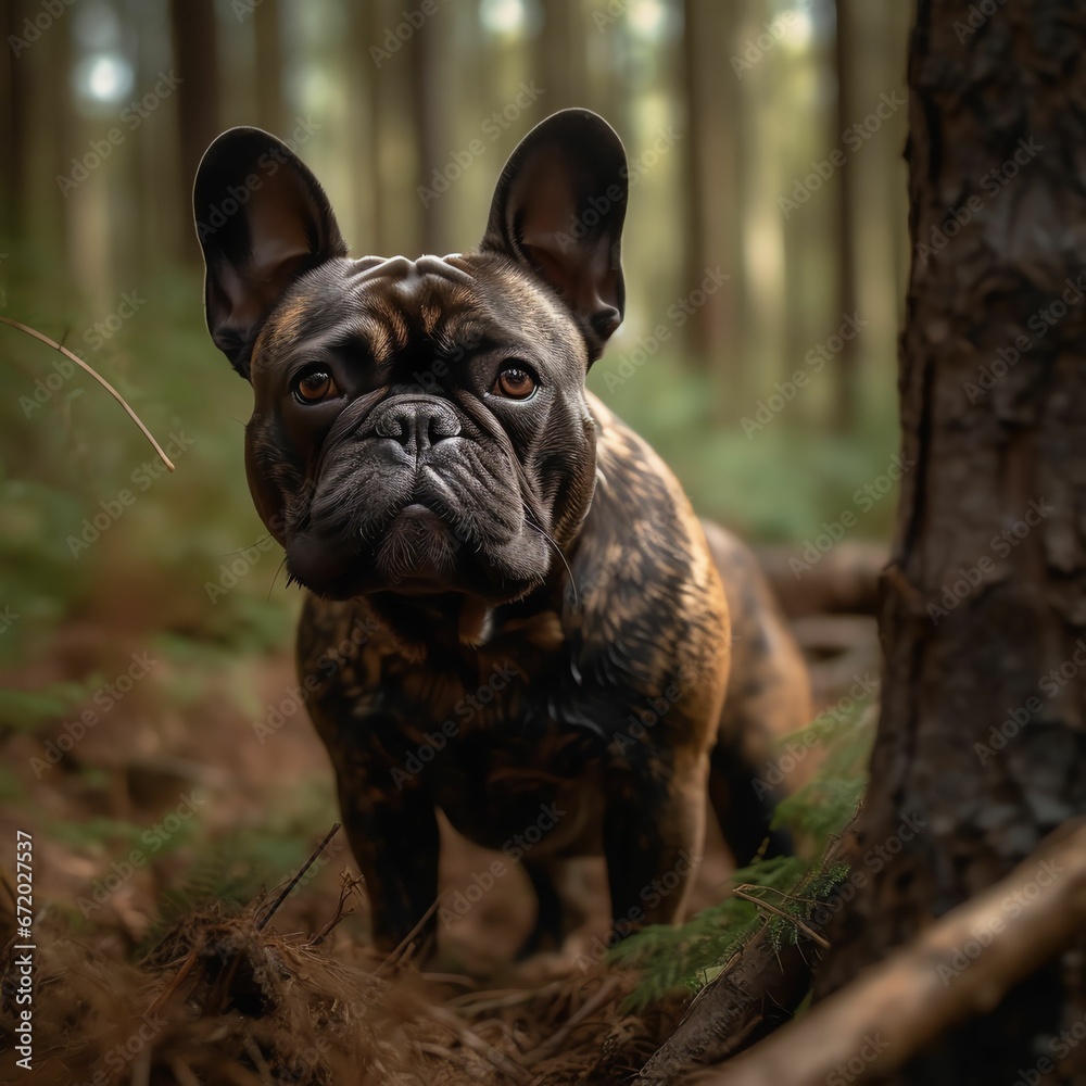 AI generated illustration of a French bulldog in a forest