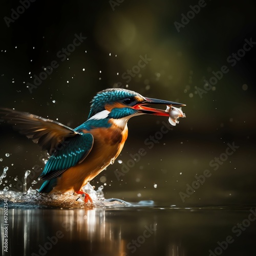 AI generated illustration of a kingfisher with a fish in its beak © Wirestock