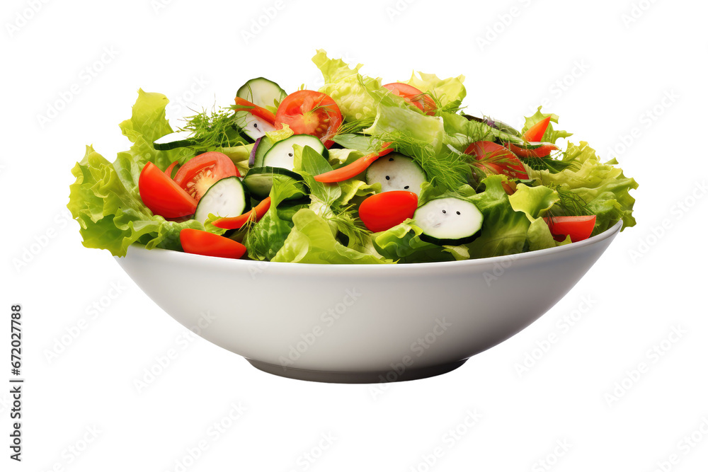 Bowl with delicious vegetable salad on isolated white background