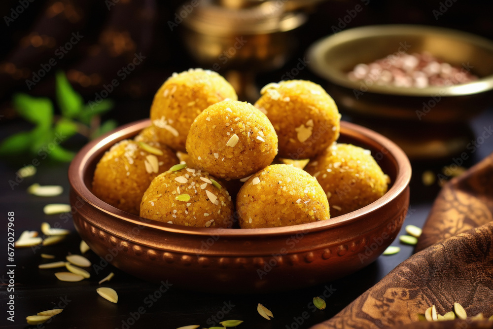 Laddu made from gram flour, indian sweet dessert in diwali festival Laddu made from gram flour, indian sweet dessert in diwali festival