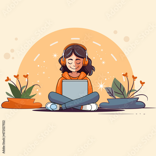 flat vector girl with headphones and a laptop tablet 