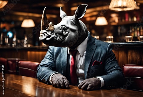 AI generated illustration of a rhinoceros in a formal suit sitting in a bar