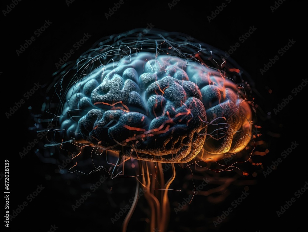 AI generated illustration of a human brain with a glowing light emanating from the center
