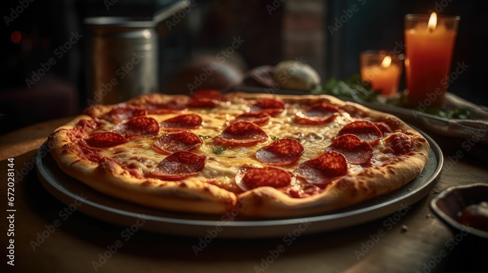AI generated illustration of a fresh pizza with melted cheese and pepperoni on a wooden table AI generated illustration of a fresh pizza with melted cheese and pepperoni on a wooden table