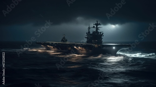 AI generated illustration of a Navy Aircraft Carrier illuminated by the moonlight © Wirestock