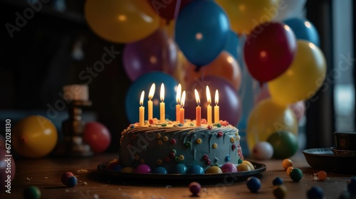 AI generated illustration of a delicious birthday cake with lit candles