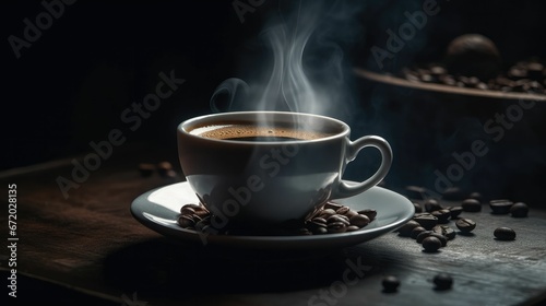 AI generated illustration of a cup of freshly brewed coffee and some coffee beans on a wooden table