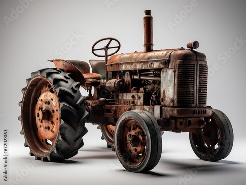 AI generated illustration of an old tractor covered with rust on a white background