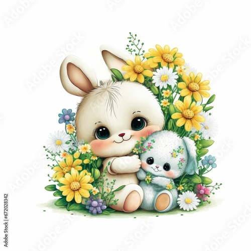 AI generated illustration of two young rabbits cuddling together in a meadow of vibrant flowers