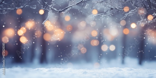 Dreamy soft Christmas background with a magical sparkling bokeh of party lights in a misty dreamy background over snow with copy space, generative ai photo