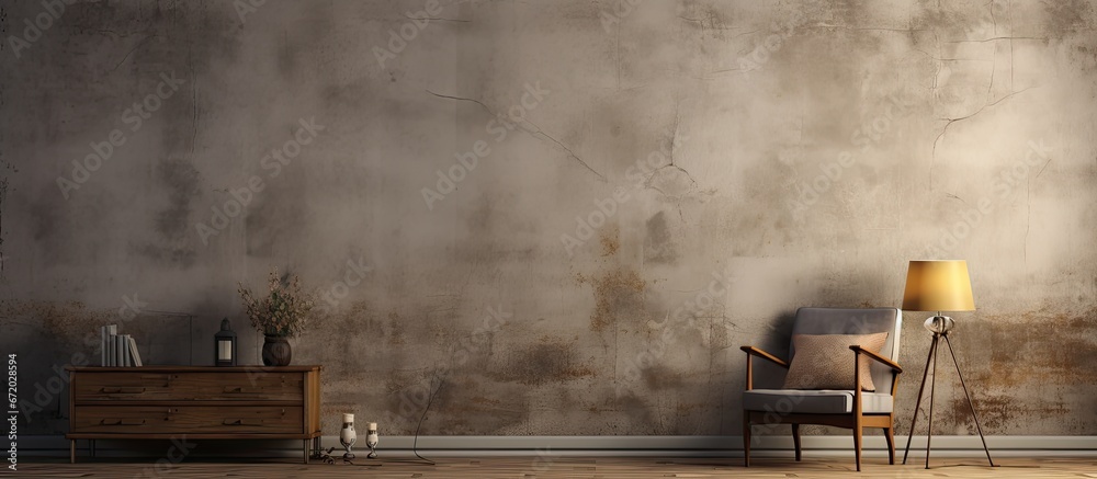 A three dimensional representation of the inside of a room designed to appear realistic featuring a backdrop of furniture against a grunge wall Can be utilized in photo edits or as a virtua