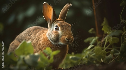 AI-generated illustration of a rabbit standing in a field of bushy green foliage