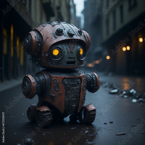 AI generated illustration of a cute robot not in prober condition in the middle of the road photo