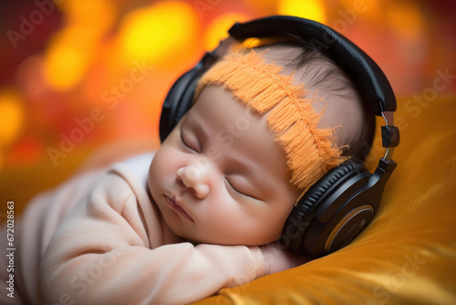 Cute baby wearing headphone while sleeping