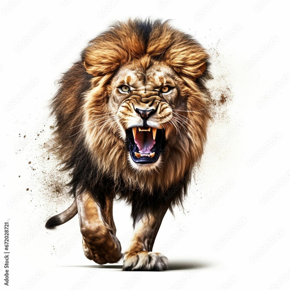 AI generated illustration of a majestic lion in a striking pose on a white backdrop