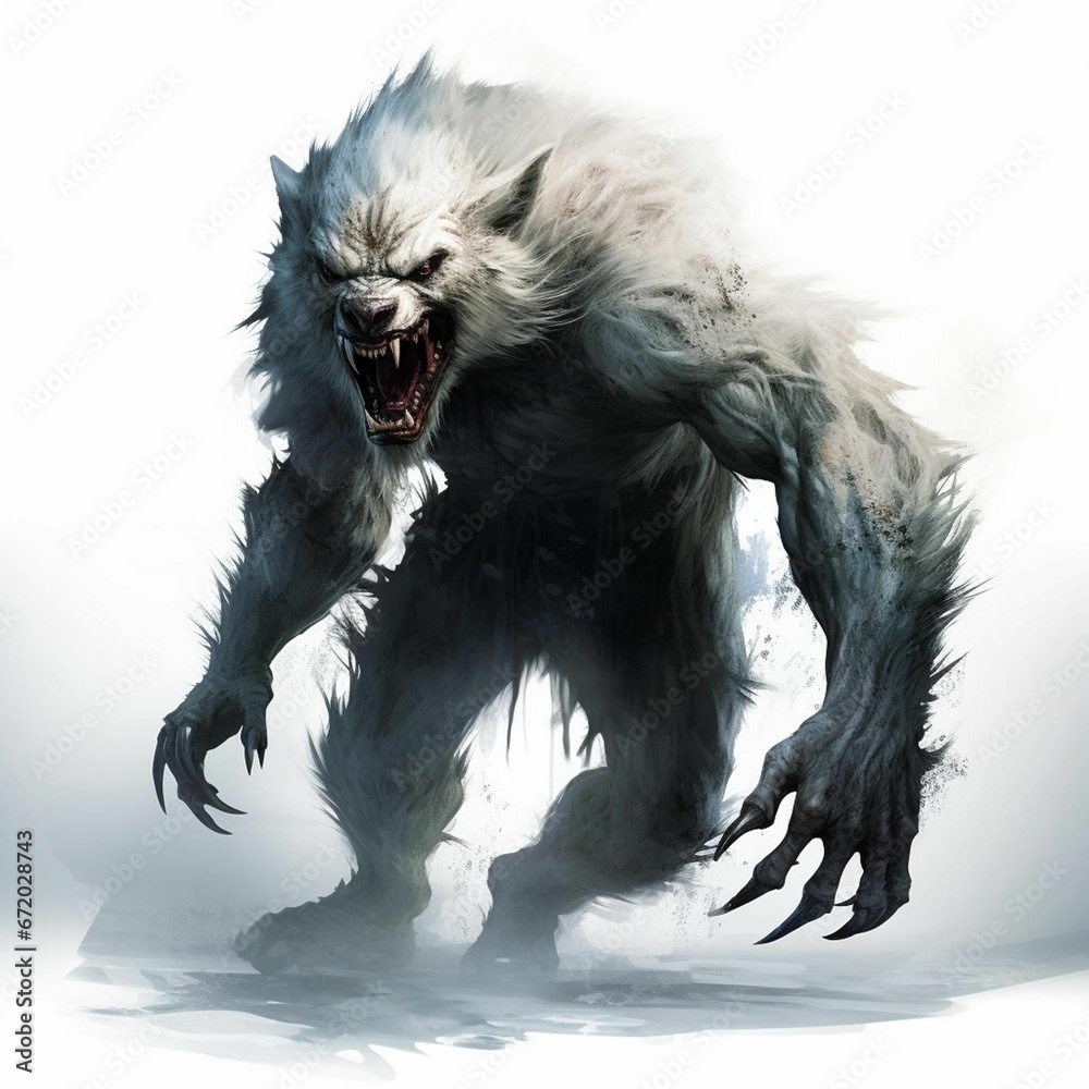 AI generated illustration of a wild white mythical wolf on the white background AI generated illustration of a wild white mythical wolf on the white background