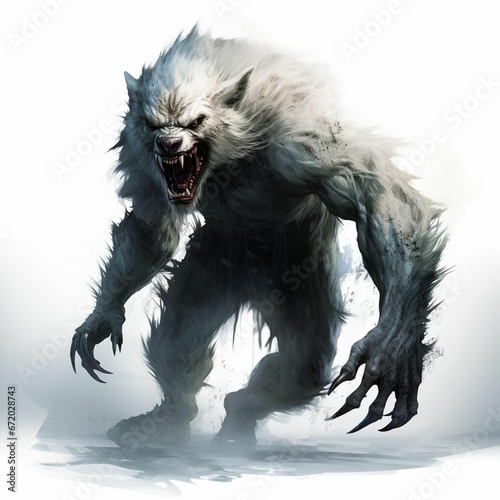 AI generated illustration of a wild white mythical wolf on the white background